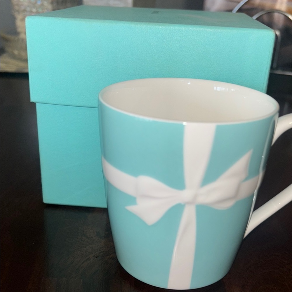 Tiffany & Co. Blue Mug with White Ribbon Design never used.